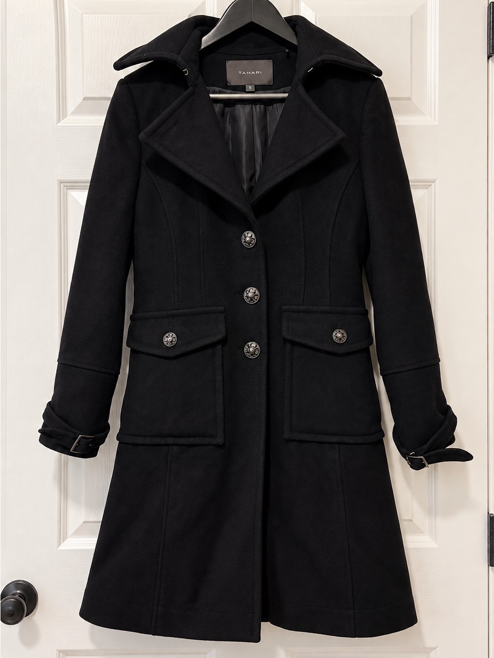Tahari Black Tailored Wool-Blend Pea Coat